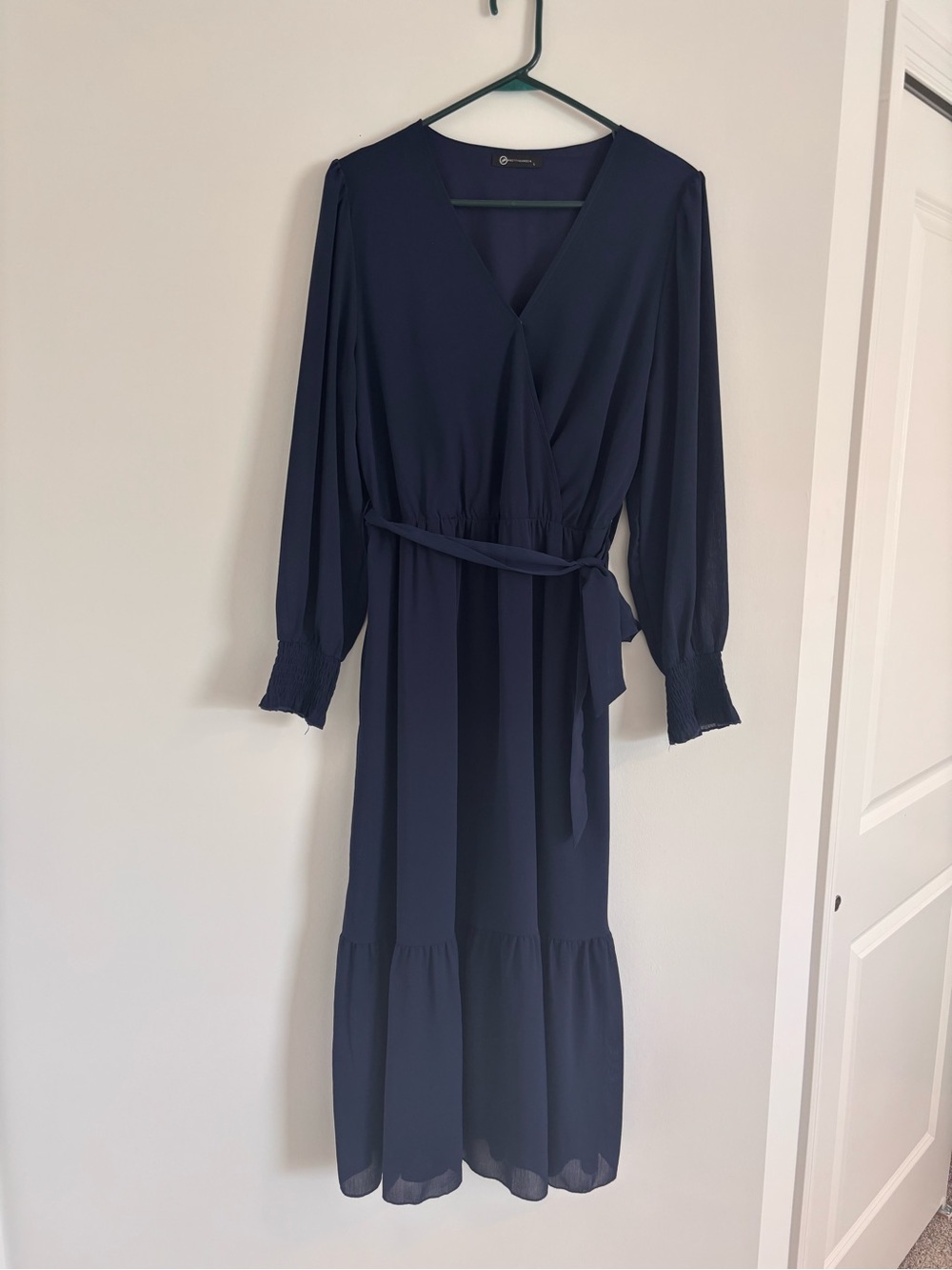 Elegant Navy Wrap Midi Dress with Tie Waist